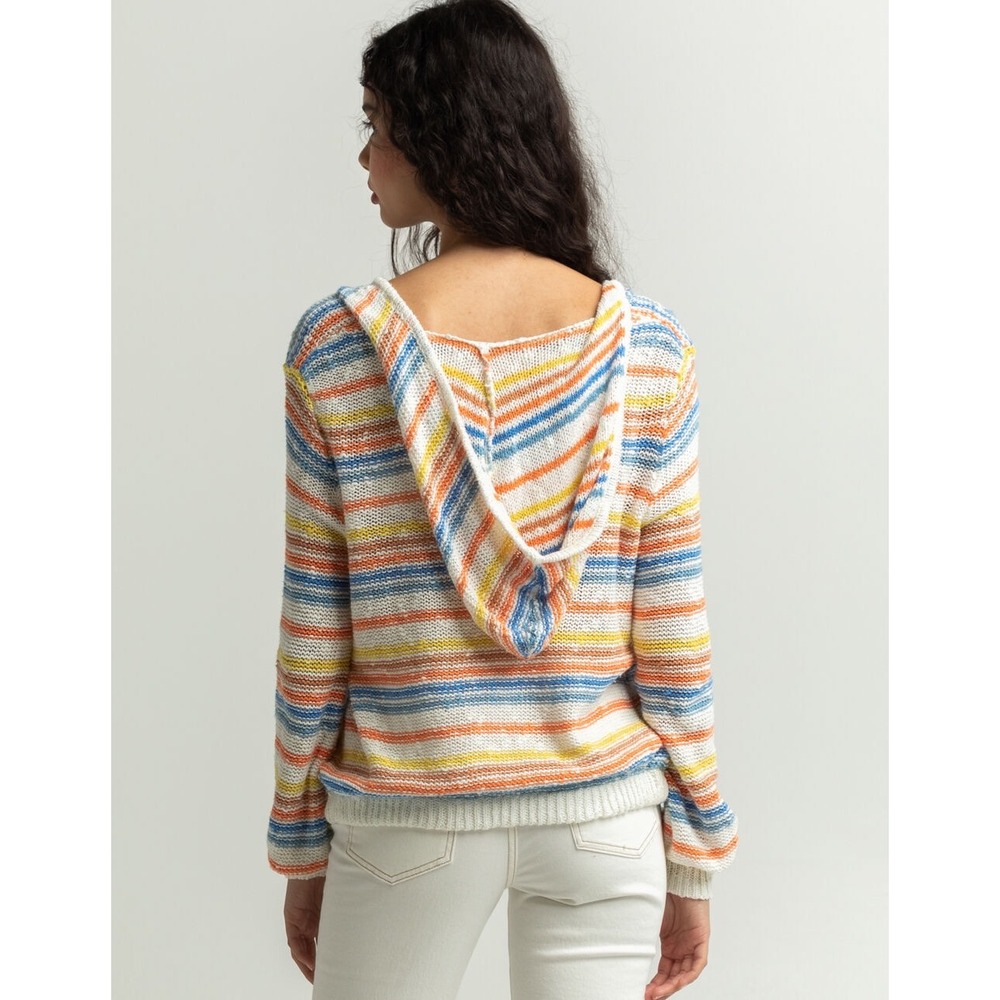 (A4) Roxy Womens Multi Color Striped Knit Sweater Hoodie V-Neck Pullover Medium